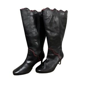 Mob Wife VTG Ros Hommerson 80s Black Leather Boots Scallop Top Red Trim 8.5 Wide